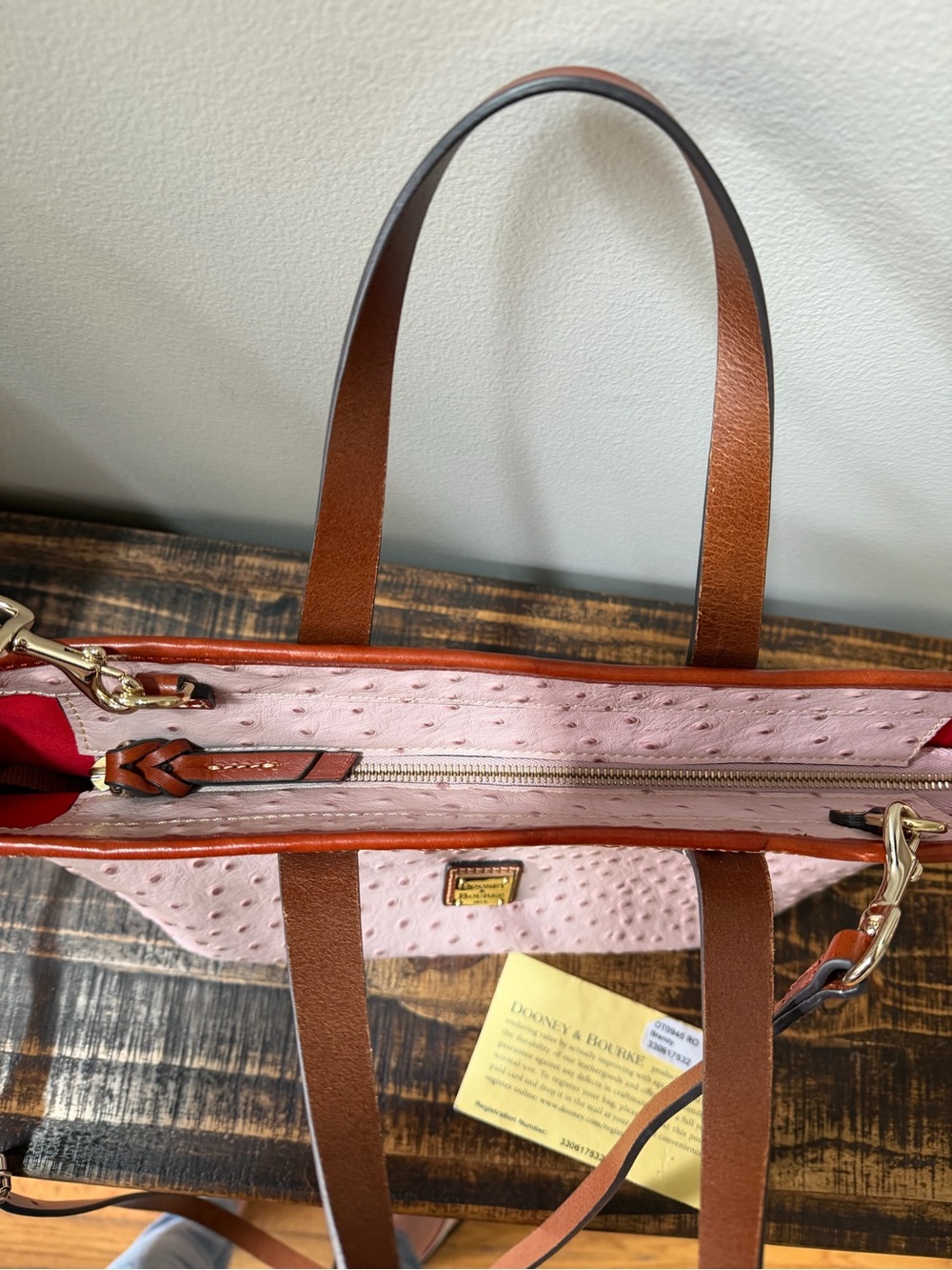 Dooney & Bourke Blush Ostrich-Embossed Tote with Brown Trim and Strap - Picture 3 of 12